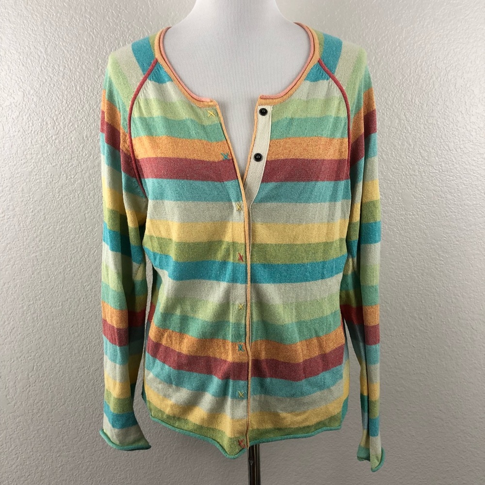 J Jill Stripe Multi-Color Snap Up Cardigan size L